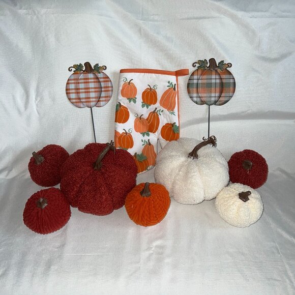 Other - Decorative Fall Pumpkin Set With Plaid Metal Picks & Pumpkin Print Oven Mitt